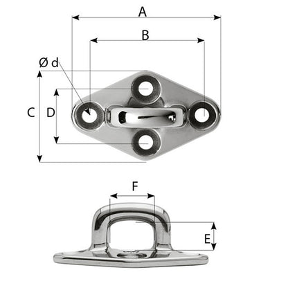 Wichard Diamond Pad Eye - Square - 79mm Length (3-7/64") - M6 Screw [6655W]